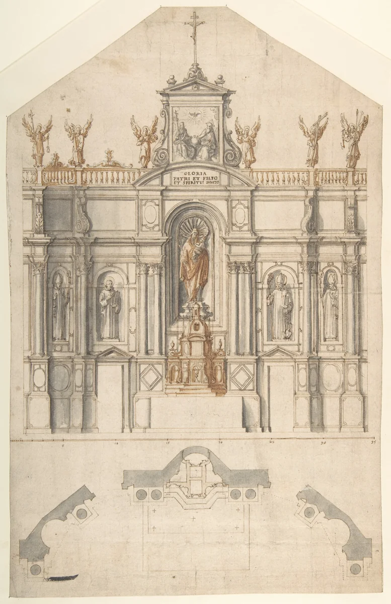 Design for the Elevation and Plan of a Reredos by anonymous, drawing, 1565-1575