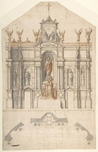 Design for the Elevation and Plan of a Reredos by anonymous, drawing, 1565-1575