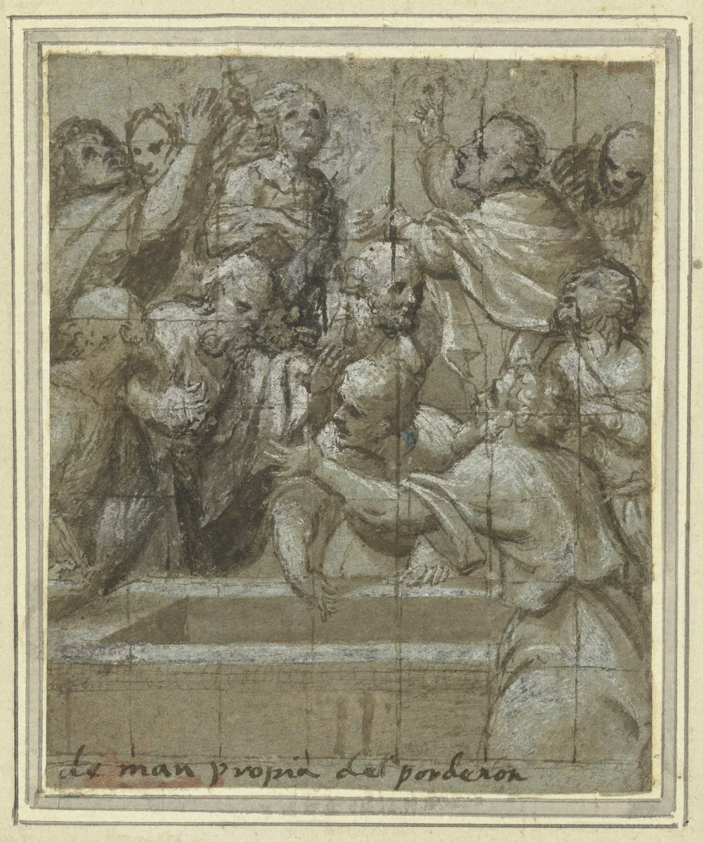 De apostelen om het lege graf van Maria by Pordenone, drawing, 1528-1539