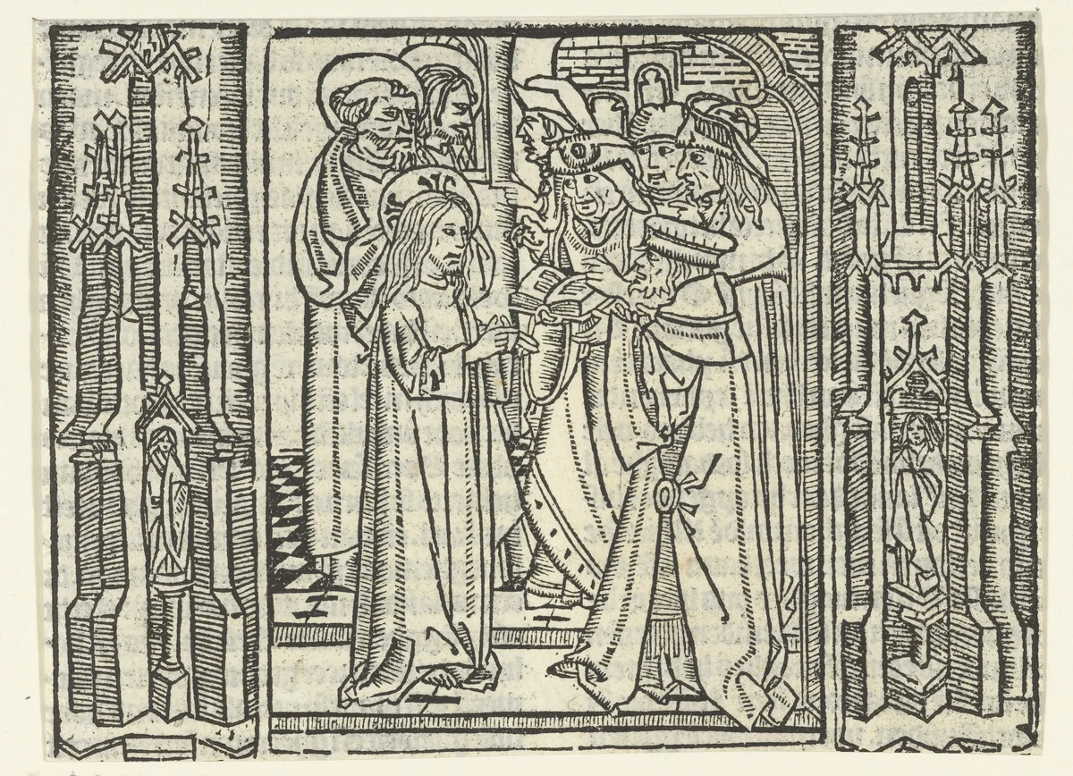 Christus in gesprek met Farizeeërs in de tempel by Unknown, print, 1480-1500