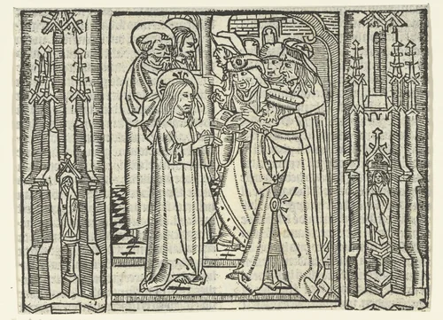 Christus in gesprek met Farizeeërs in de tempel by Unknown, print, 1480-1500