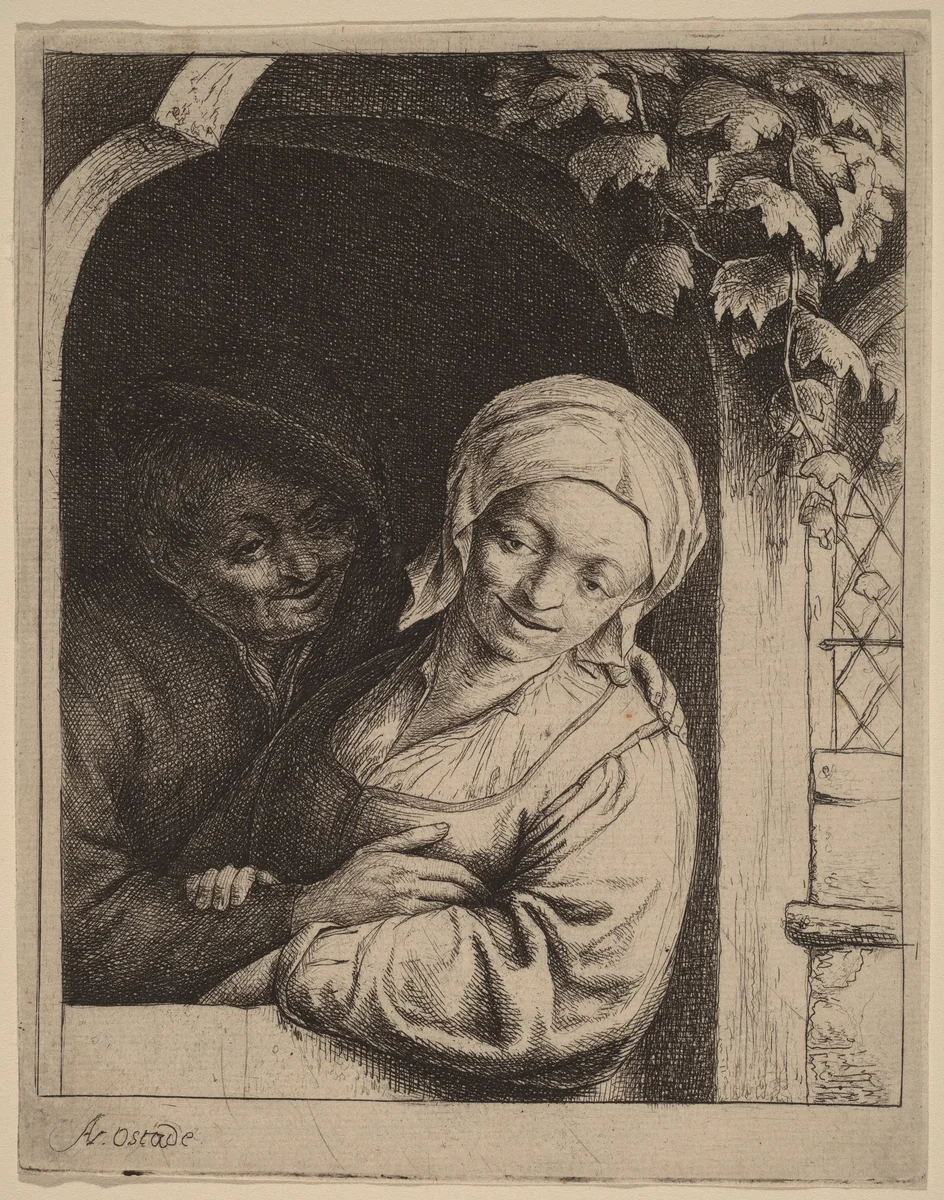 Peasant Couple in a Doorway by Adriaen van Ostade, print, 1647-1657