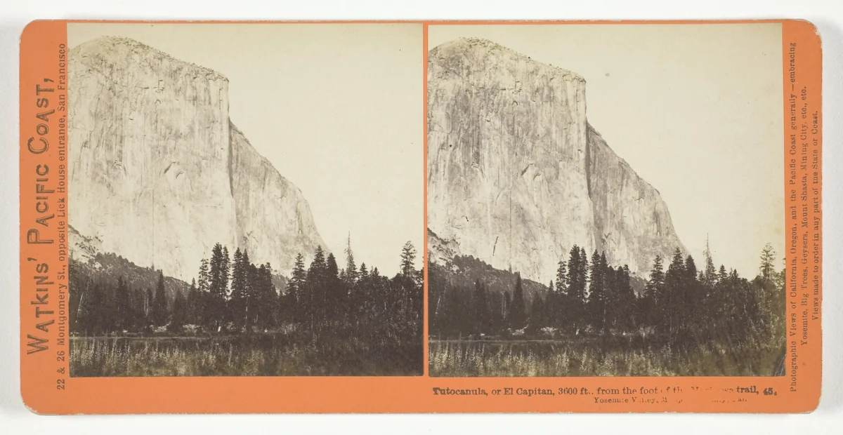 Tutocanula, or El Capitan, 3600 ft., from the foot of the Mariposa Trail, Yosemite Valley, Mariposa County, Cal., No. 45 from the series "Watkins' Pacific Coast" by Carleton Watkins, photograph, 1861-1876