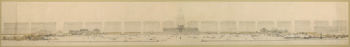 Plate 125 from The Plan of Chicago, 1909: Chicago. Elevation of Grant Park and Harbor; the Eastern Facade of the City on Michigan Avenue, and the Dome of the Administration Building of the Civic Center, Looking from Lake Michigan. by Daniel Hudson Burnham
Edward Herbert Bennett, drawing, 1909