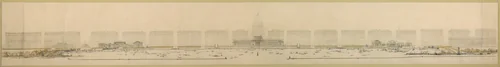 Plate 125 from The Plan of Chicago, 1909: Chicago. Elevation of Grant Park and Harbor; the Eastern Facade of the City on Michigan Avenue, and the Dome of the Administration Building of the Civic Center, Looking from Lake Michigan. by Daniel Hudson Burnham
Edward Herbert Bennett, drawing, 1909