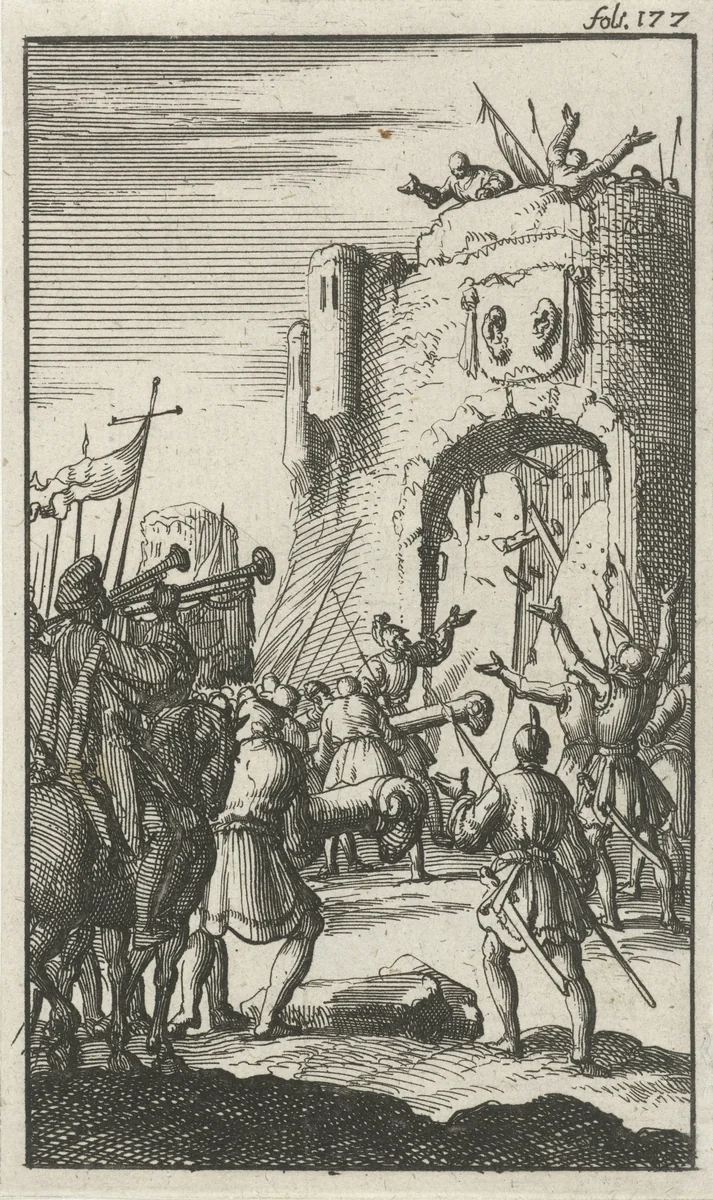 Vestingpoort door stormrammen opengebroken by Jan Luyken, print, 1685