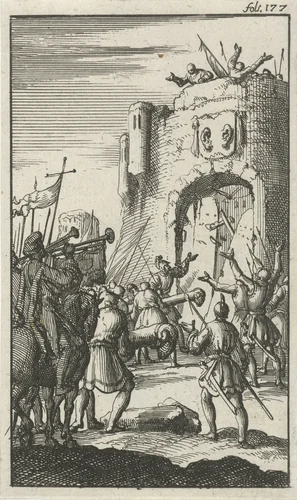 Vestingpoort door stormrammen opengebroken by Jan Luyken, print, 1685