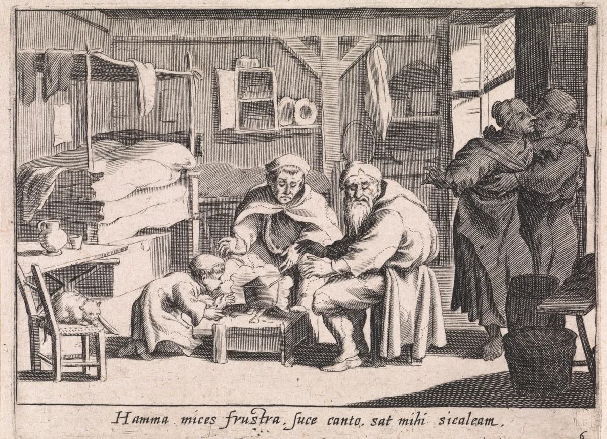 Familie warmt zich rond een stoof by anonymous, print, 1629