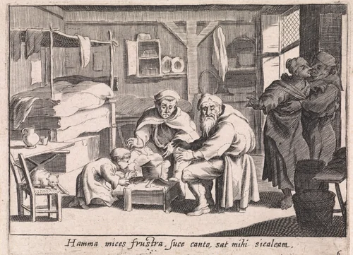 Familie warmt zich rond een stoof by anonymous, print, 1629