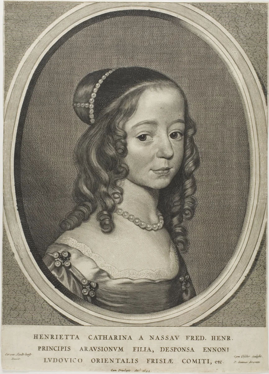Henrietta Catharina, Princess of Orange Nassau, from Nine Portraits by Cornelis Visscher, print, 1540-1586
