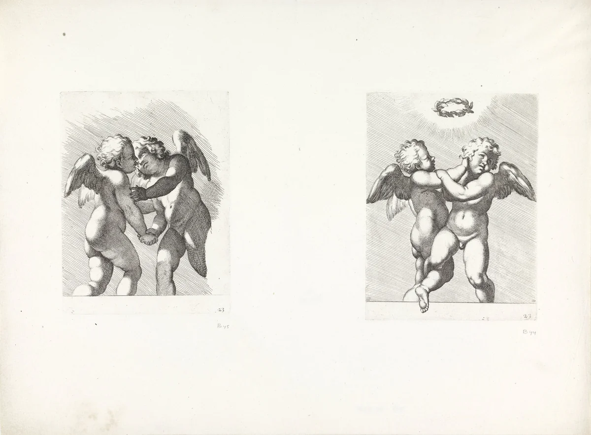 Twee putti op het punt elkaar te omhelzen / Twee vechtende putti by Carlo Cesio, print, 1656