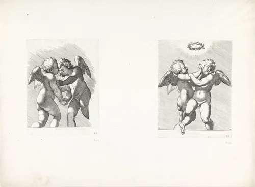 Twee putti op het punt elkaar te omhelzen / Twee vechtende putti by Carlo Cesio, print, 1656