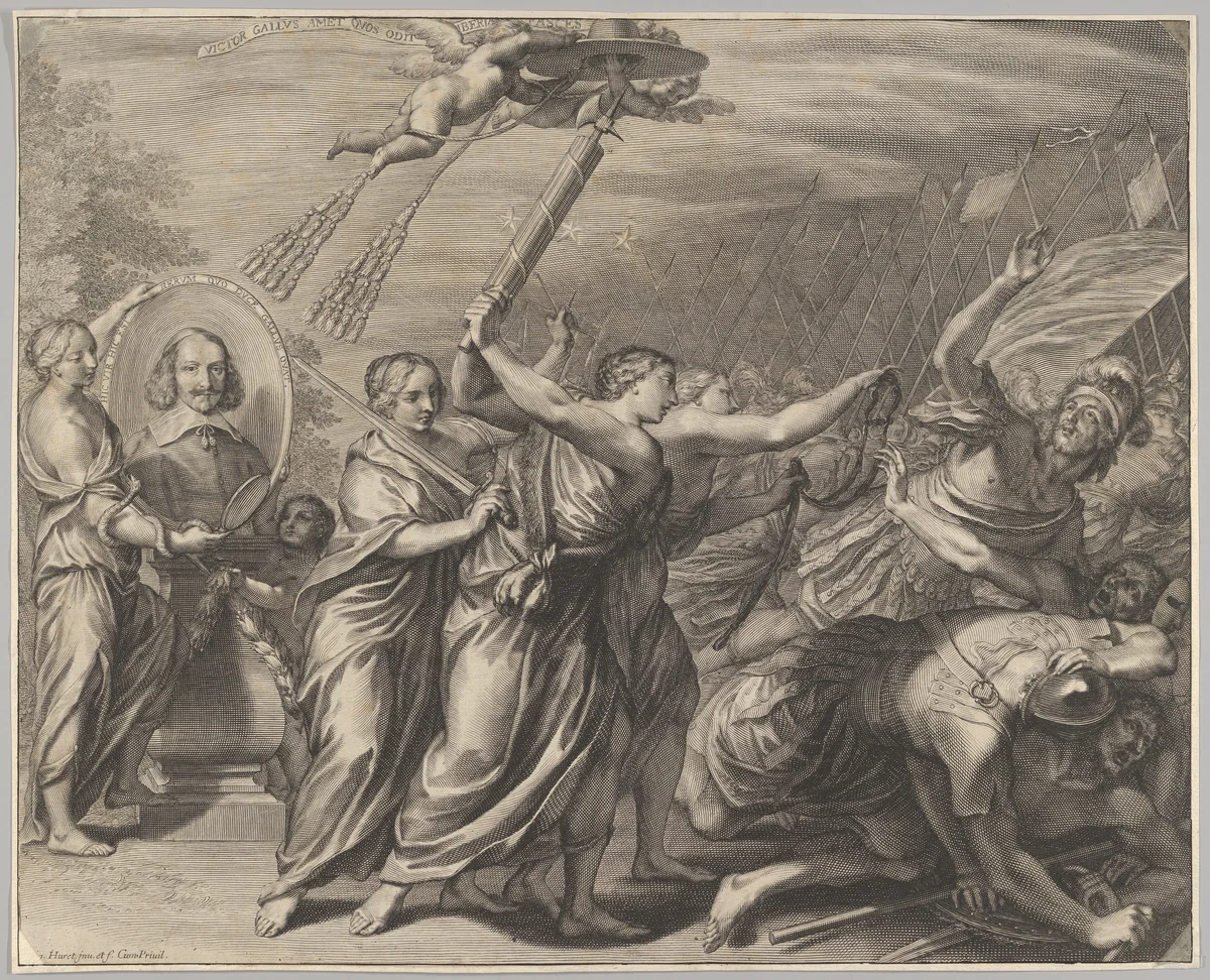 Cardinal (le Bret?) in oval with allegorigal figures and a battle scene by Grégoire Huret, print, 1620-1660