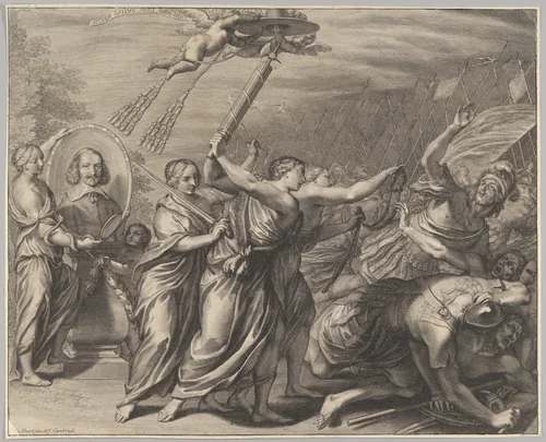 Cardinal (le Bret?) in oval with allegorigal figures and a battle scene by Grégoire Huret, print, 1620-1660