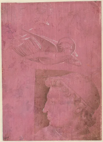 Head of a Man, Two Studies of a Woman's Profile, and a Study of An Angel (verso) by Benozzo Gozzoli, drawing, 1453-1463