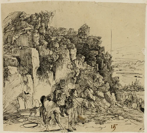 Mountainous Landscape with Horsemen by Rodolphe Bresdin, print, 1845-1885