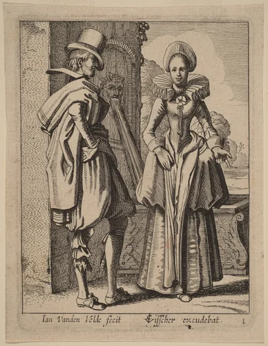 Two Figures in Costume by Jan van de Velde Claes Jansz Visscher, print, 1593-1641