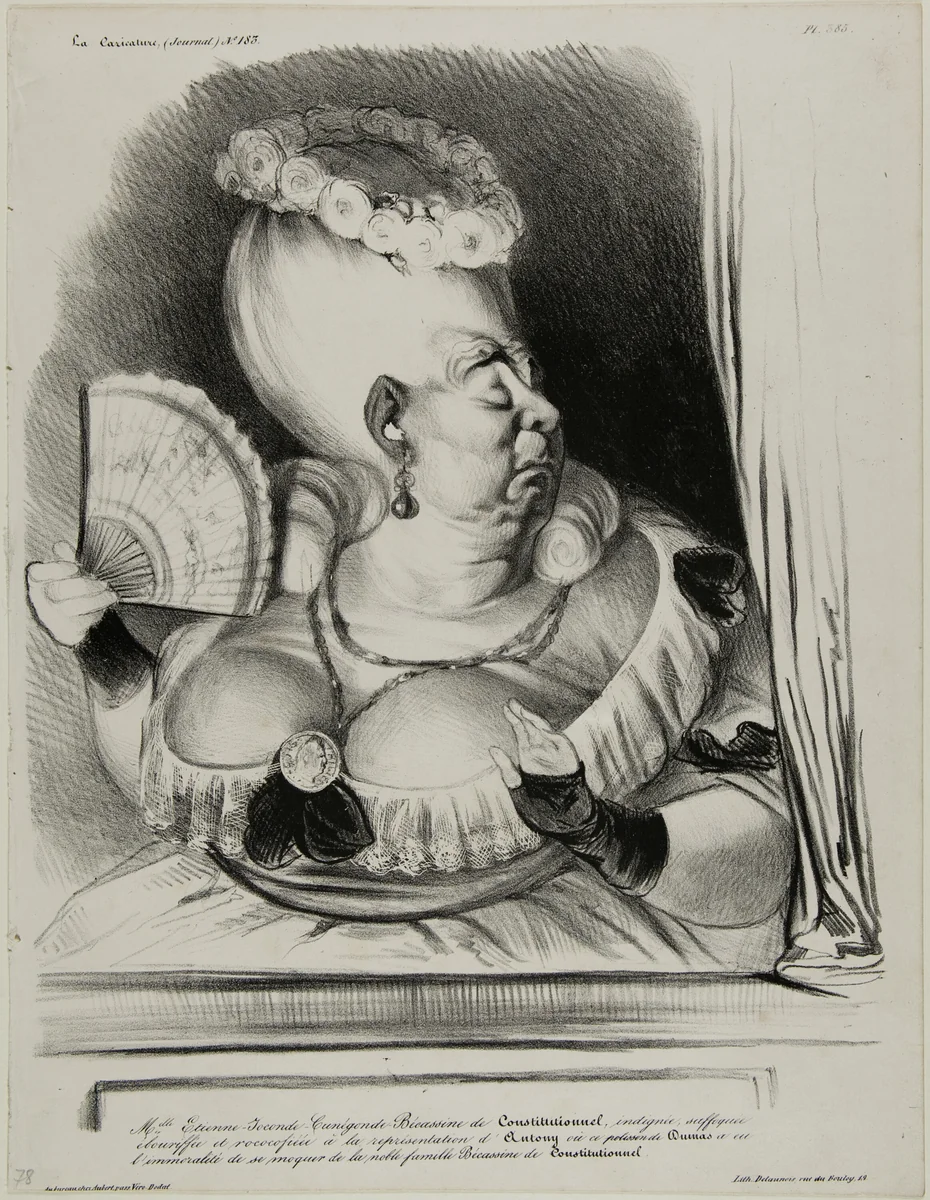 Miss Etienne-Mona-Lisa-Cunégonde-Silly Goose of the Constitutionnel, indignate, choking and over-ornate at the performance of Anthony in which the mischievous Dumas had the indecency of scoffing at the noble family Silly Goose of the Constitutionnel..., plate 385 by Honoré-Victorin Daumier, print, 1834
