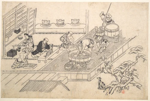 The Kitchen of a Joroya. by Hishikawa Moronobu (菱川師宣), print, 1670-1690