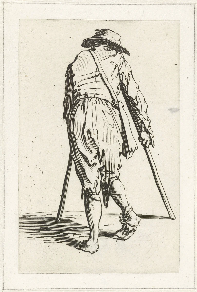 Bedelaar met krukken, op de rug gezien by Jacques Callot, print, 1622-1623
