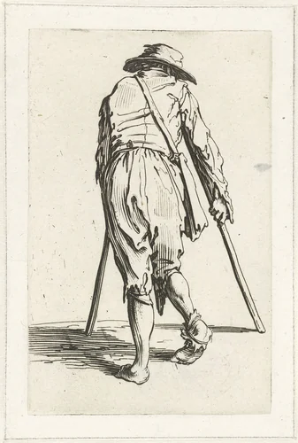 Bedelaar met krukken, op de rug gezien by Jacques Callot, print, 1622-1623