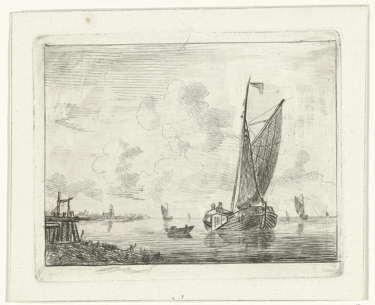 Zeilschip op binnenwater by Willem Gruyter jr., print, 1832-1880