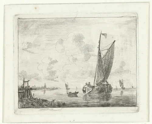 Zeilschip op binnenwater by Willem Gruyter jr., print, 1832-1880