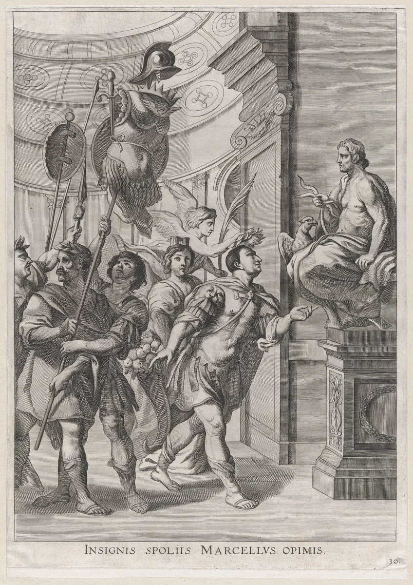 Plate 30: Marcellus dedicating the spoils of war to Jupiter; from Guillielmus Becanus's 'Serenissimi Principis Ferdinandi, Hispaniarum Infantis...' by Johannes Meursius, print, 1636