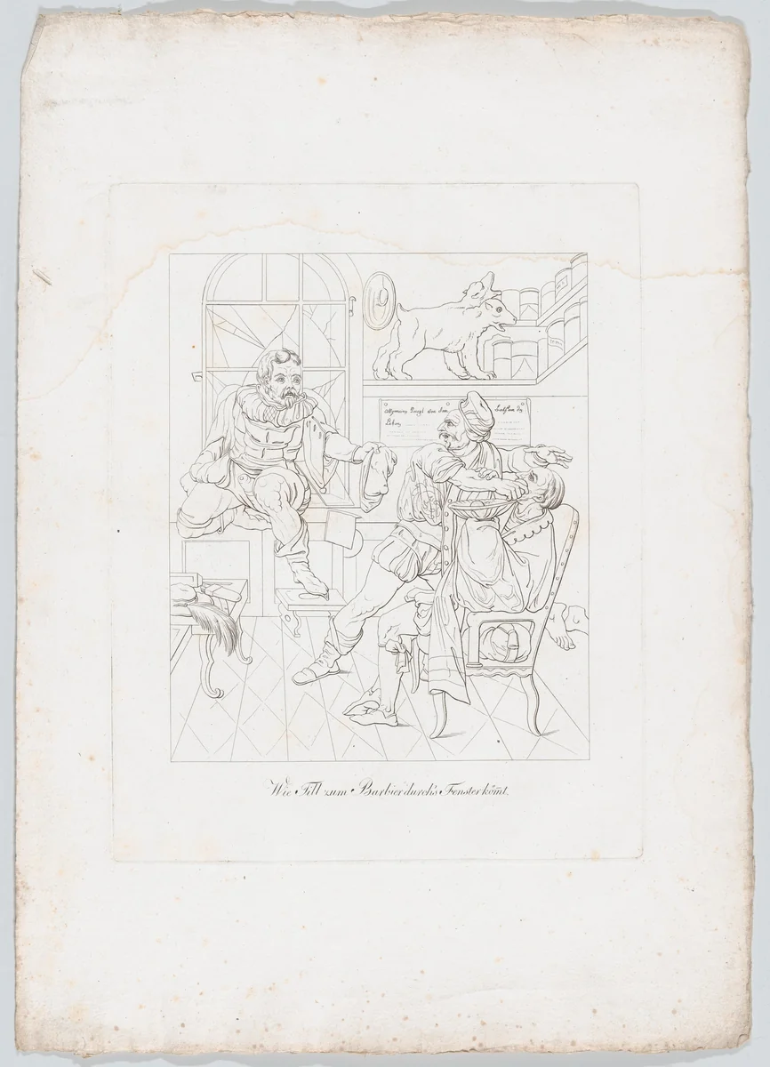 Wie Till zur Barbier durch's Fenster kömt (How Till Eupenspiegel Came In Through the Barber's Window) by Johann Heinrich Lips, print, 1806