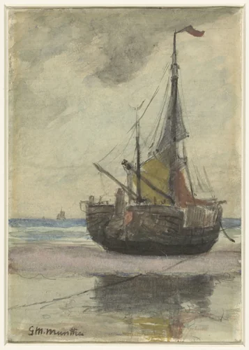 Vissersboot op het strand met gereefd zeil by Gerhard Morgenstjerne Munthe, drawing, 1885-1927