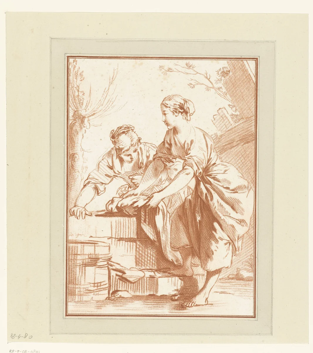 Twee vrouwen aan de was by Louis Marin Bonnet, print, 1757-1768