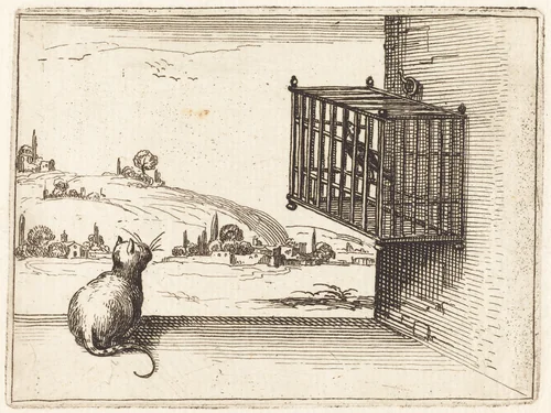 Cat Watching Caged Bird by Jacques Callot, print, 1628