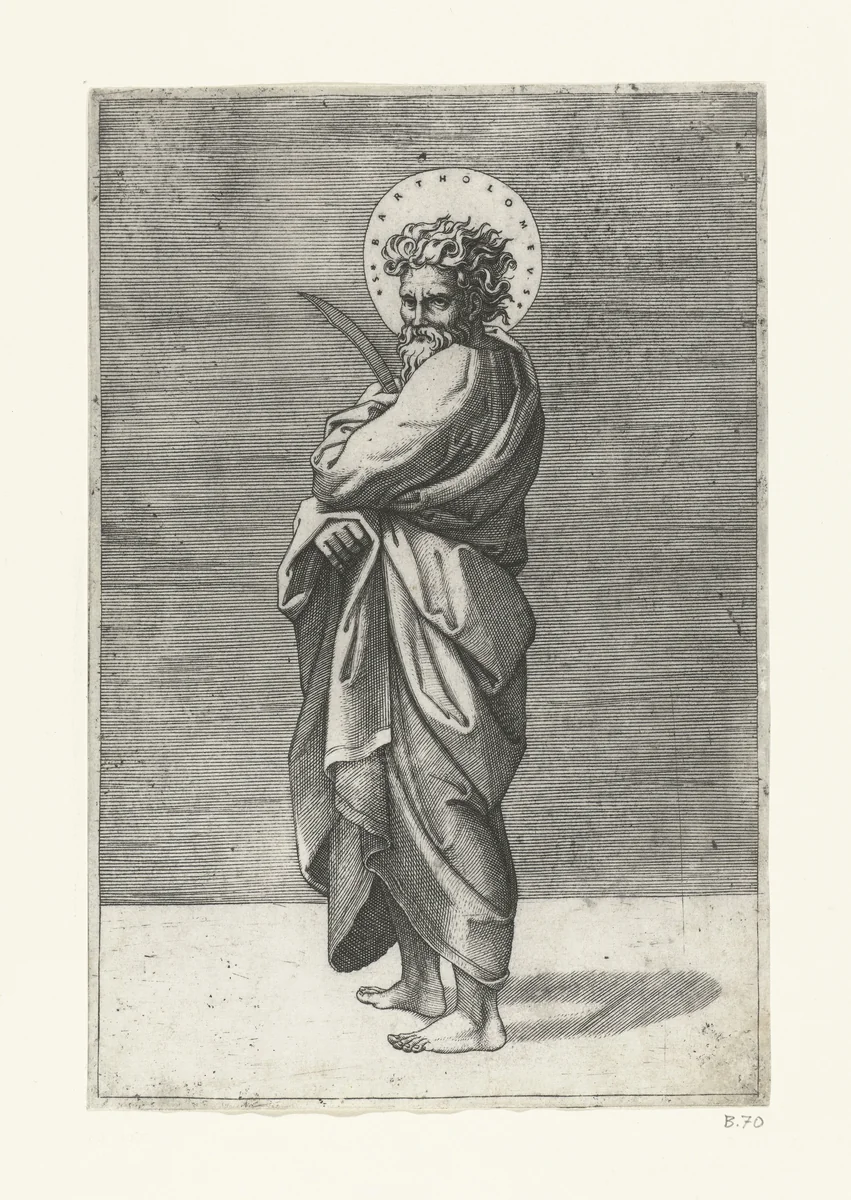 Apostel Bartolomeüs met mes by Marcantonio Raimondi, print, 1517-1527