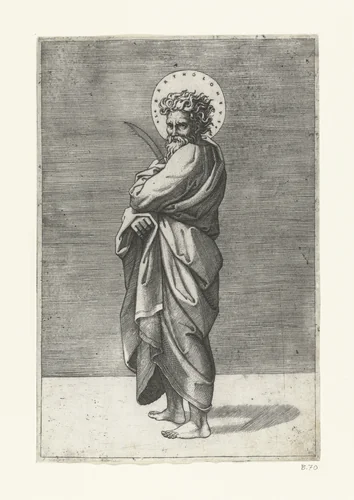 Apostel Bartolomeüs met mes by Marcantonio Raimondi, print, 1517-1527