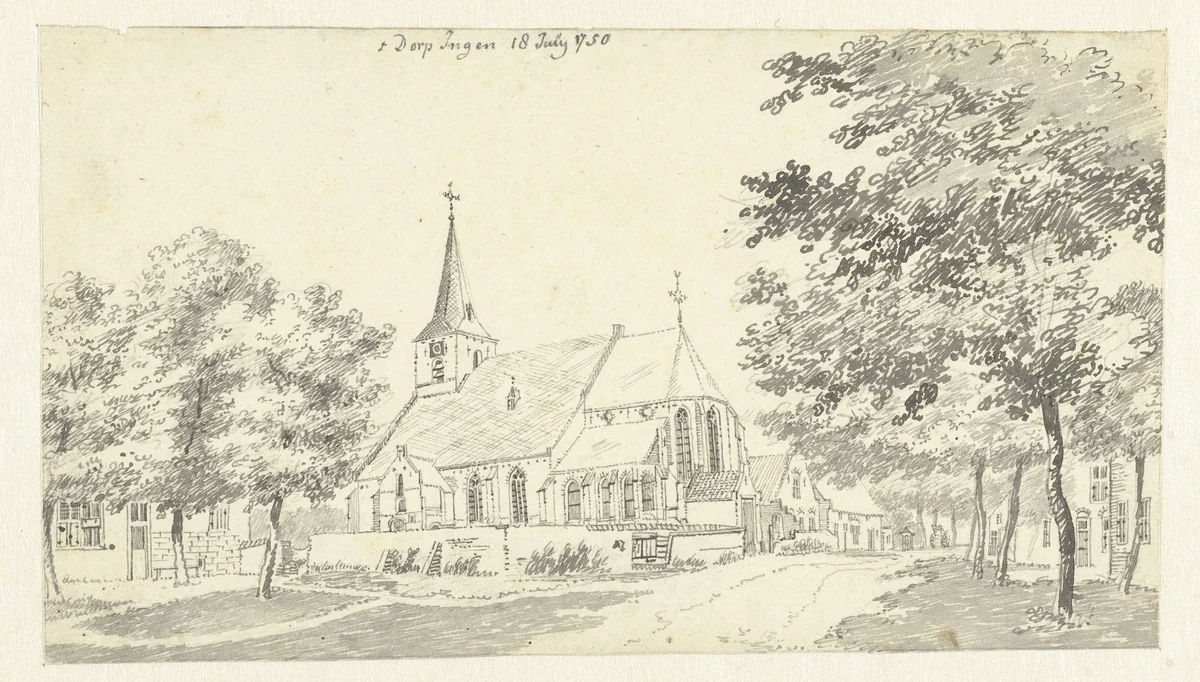 De kerk van het dorp Ingen by Jan de Beijer, drawing, 1750