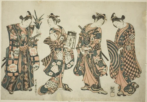 The Actors Sanogawa Ichimatsu (right), Nakamura Kiyosaburo (center right), Sanogawa Senzo (center left), and Nakamura Kumetaro (left) by Ishikawa Toyonobu, print, 1745-1755