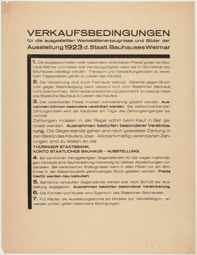 Verkaufsbedingungen für die ausgestellten Werkstättenerzeugnisse und Bilder der Ausstellung 1923 d. Staatl. Bauhauses Weimar by László Moholy-Nagy, design, 1923