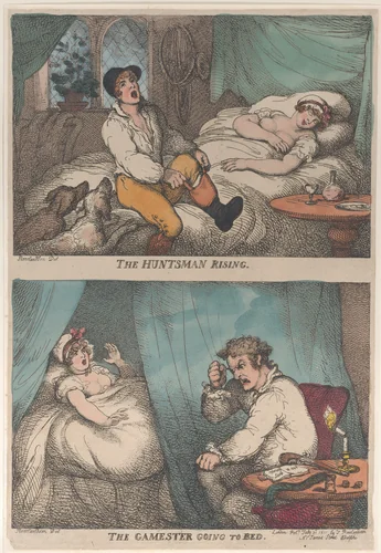 The Huntsman Rising; The Gamester Going to Bed by Thomas Rowlandson, print, 1809-1811