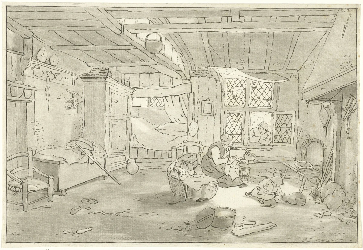 Interieur met vrouw bij wieg by Cornelis Ploos van Amstel, print, 1760