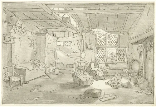 Interieur met vrouw bij wieg by Cornelis Ploos van Amstel, print, 1760