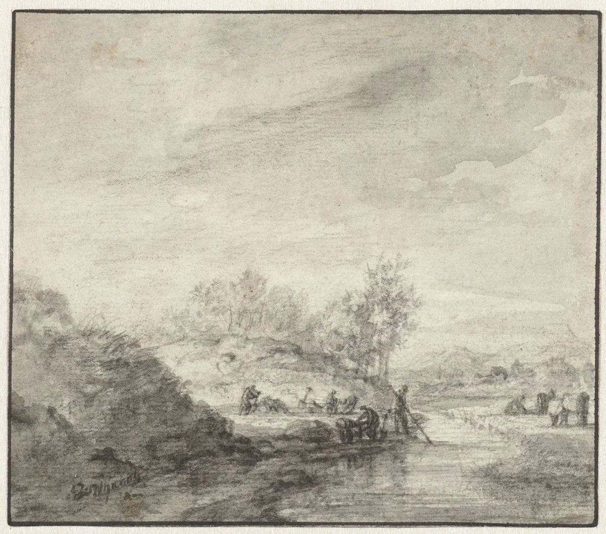 Heuvelachtig landschap met een beek by Jan Wijnants, drawing, 1600-1699