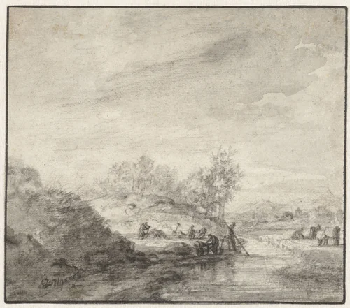 Heuvelachtig landschap met een beek by Jan Wijnants, drawing, 1600-1699