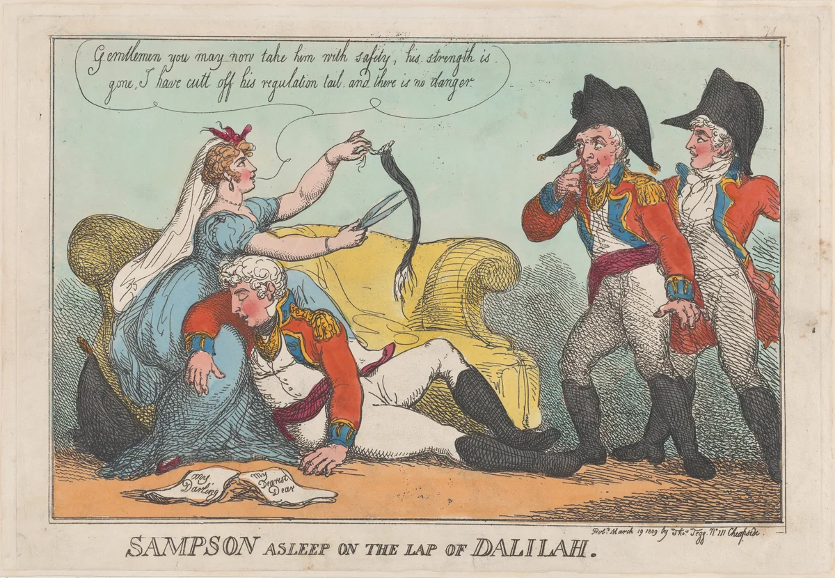 Sampson Asleep on the Lap of Dalilah by Thomas Rowlandson, print, 1809