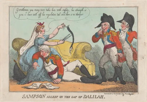 Sampson Asleep on the Lap of Dalilah by Thomas Rowlandson, print, 1809