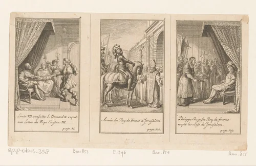 Drie voorstellingen uit Histoire des Croïsades van Maier by Daniel Nikolaus Chodowiecki, print, 1781