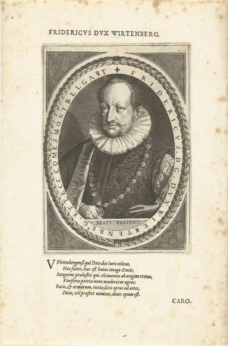 Portret van Frederik I hertog van Württemberg by Dominicus Custos, print, 1600-1604