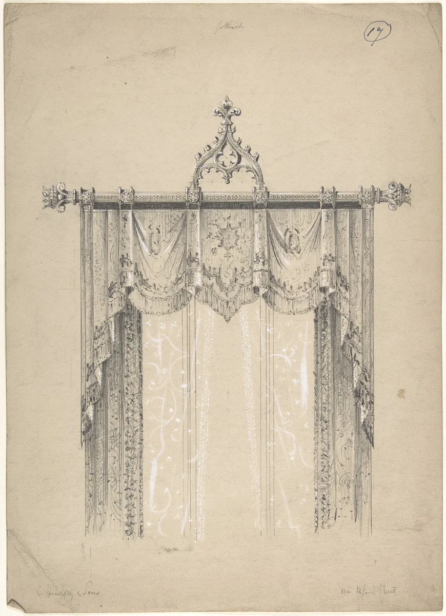 Design for Gothic Curtains and Curtain Rod by Charles Hindley and Sons, drawing, 1841-1884