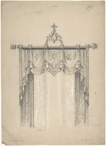 Design for Gothic Curtains and Curtain Rod by Charles Hindley and Sons, drawing, 1841-1884