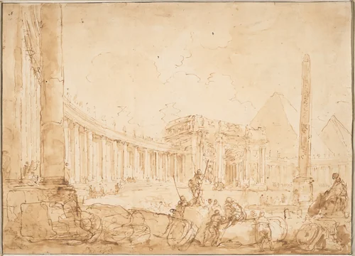 A Roman Capriccio by Hubert Robert, drawing, 1763-1764
