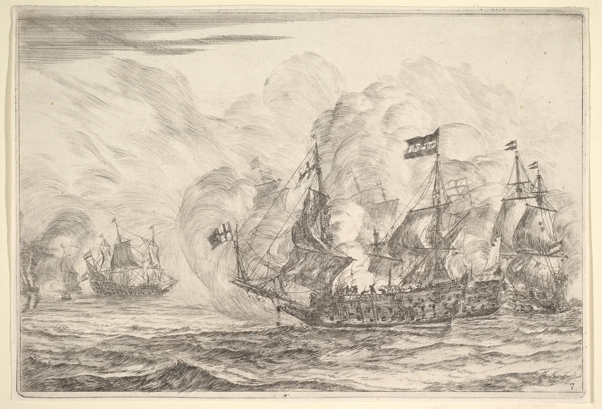 Naval Encounter with Three Vessels on the Right, from Naval Battles (Nieuwe Scheeps Batalien), plate 7 by Reinier Nooms, print, 1652-1654